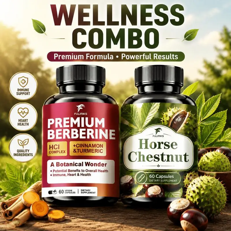 Berberine & Horse Chestnut Capsules 2 Pack, with Cinnamon, Rutin, Turmeric, L-Arginine, L-Citrulline, Black Pepper Extract, Advanced Herbal Supplement Supports Blood Circulation, Heart & Leg Health, Daily Wellness Care, Packaging May Vary