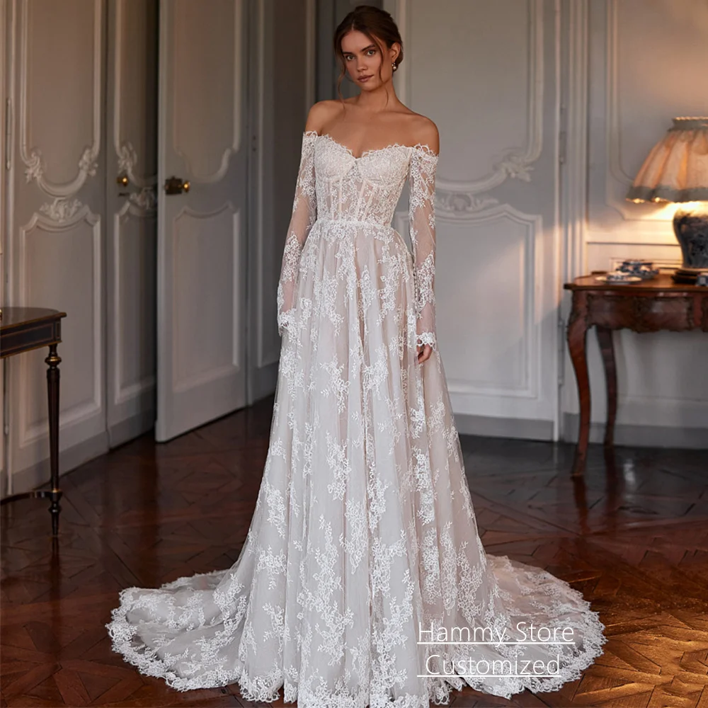 

Customized Lace Wedding Dress Exquisite V Neck Long Sleeves Back Zipper Sweep Train A Line Bridal Gown for Woman Bride