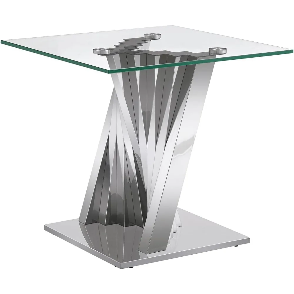 Stainless Steel and Tempered Glass Modern Side Table with Silver Mirror Finish