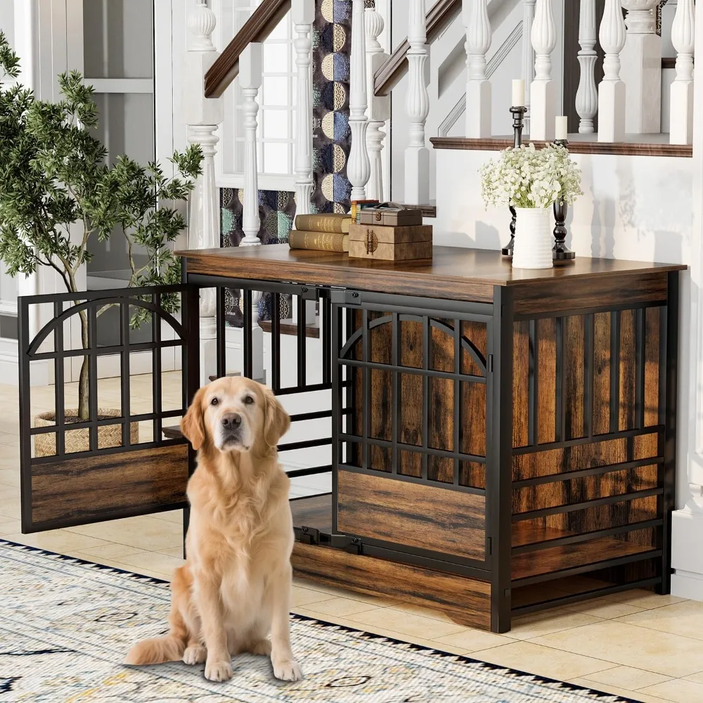 

52 Inch Dog Crate Furniture, Extra Large Dog Kennel, Heavy Duty Dog Cage with Double Elegant Arched Doors,