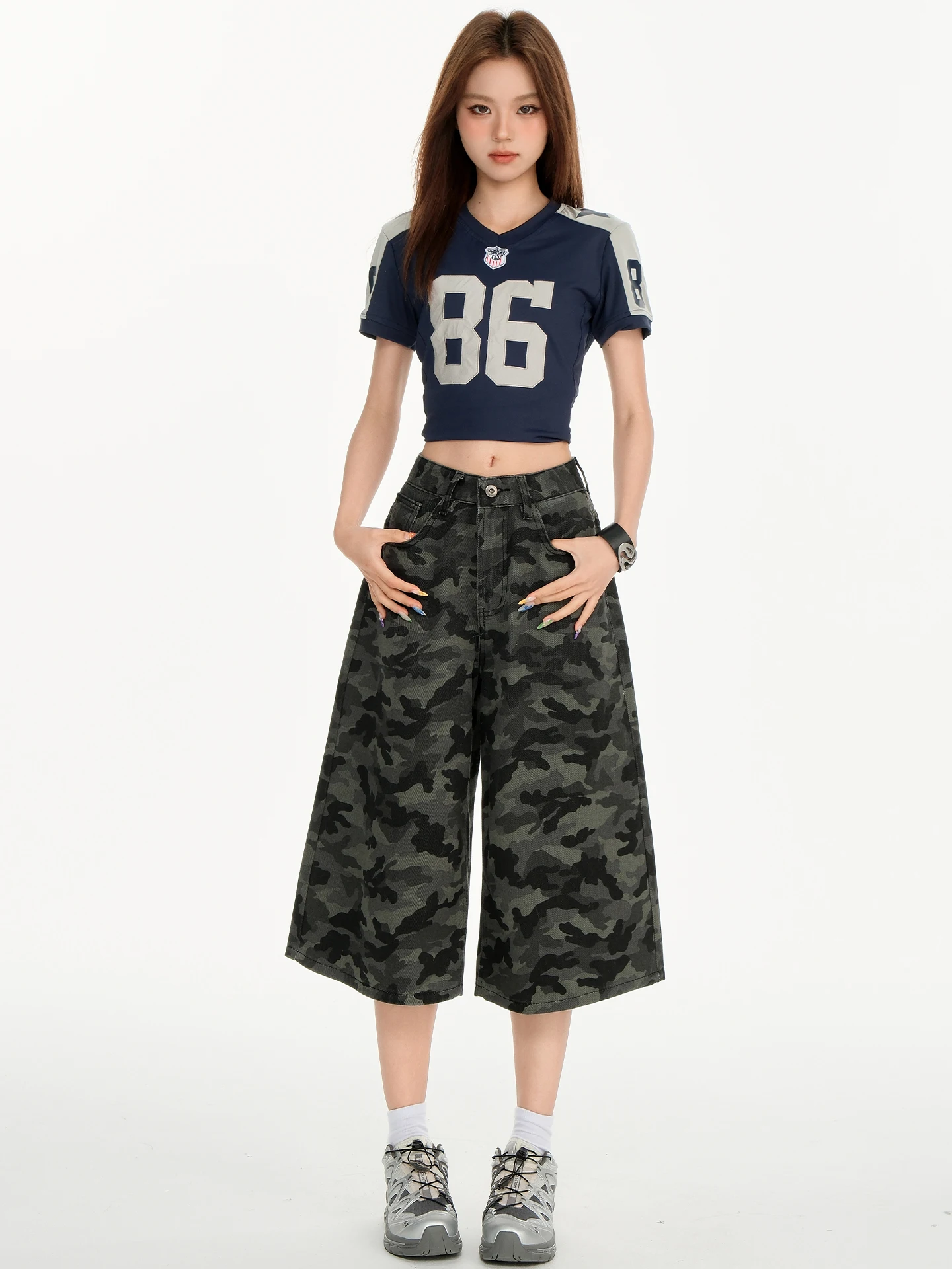 

American Style Camouflage Wide Leg Seven-Foot Jeans Women's High Street Loose Slim High Waist Straight Tube Pants