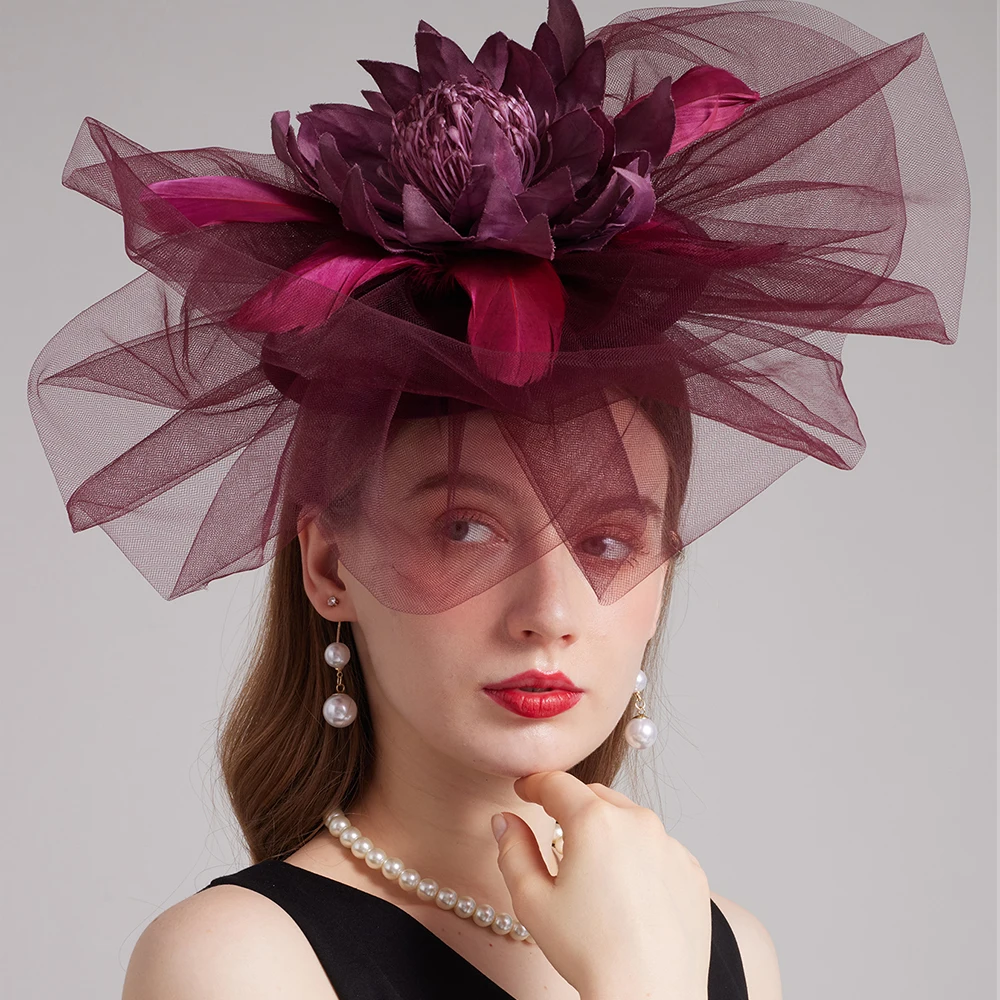 FS Purple Red Luxury Fascinators Hats Flower Church Hats For Women Elegant Organza Wedding Kentucky Derby Cap Chapeau Femme 2024