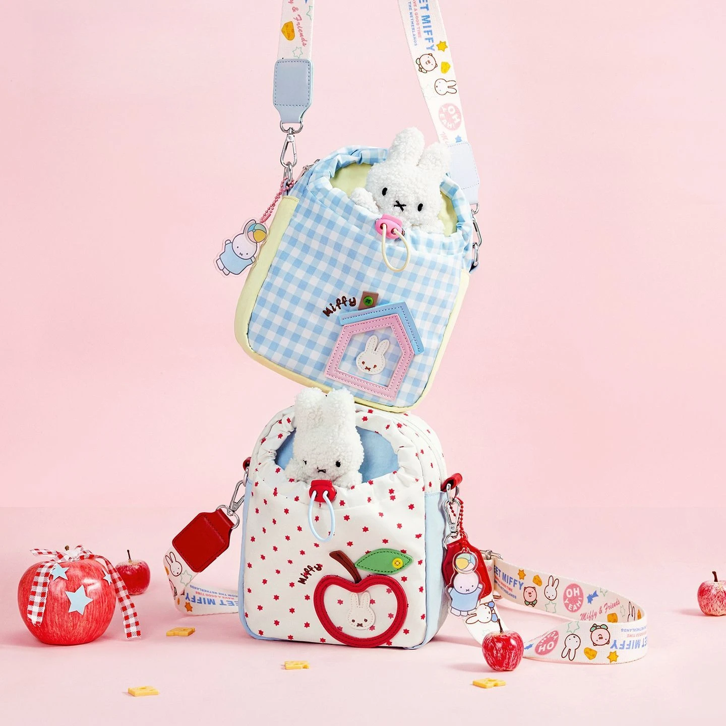 2026 New Cute Miffy Crossbody Bag Sweet Large Capacity Plaid Star Red Apple Pattern Single Shoulder Bag for Daily Outing Lovely