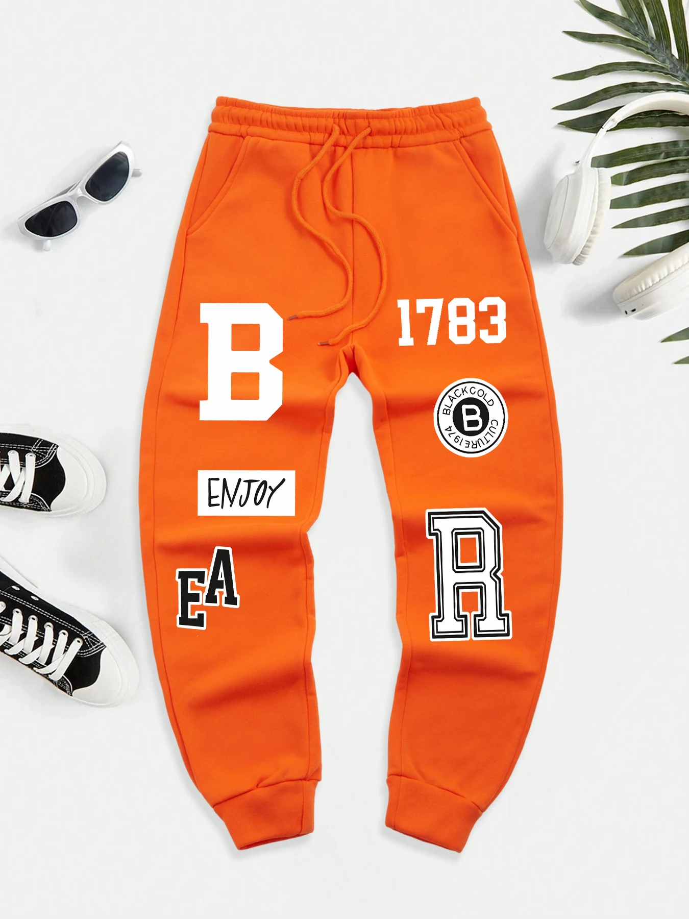 

Enjoy Text 1783 Print Drawstring New Pant Men Fleece Pocket Trousers Street Autumn Britches Trendy Elastic Waist Sportpants