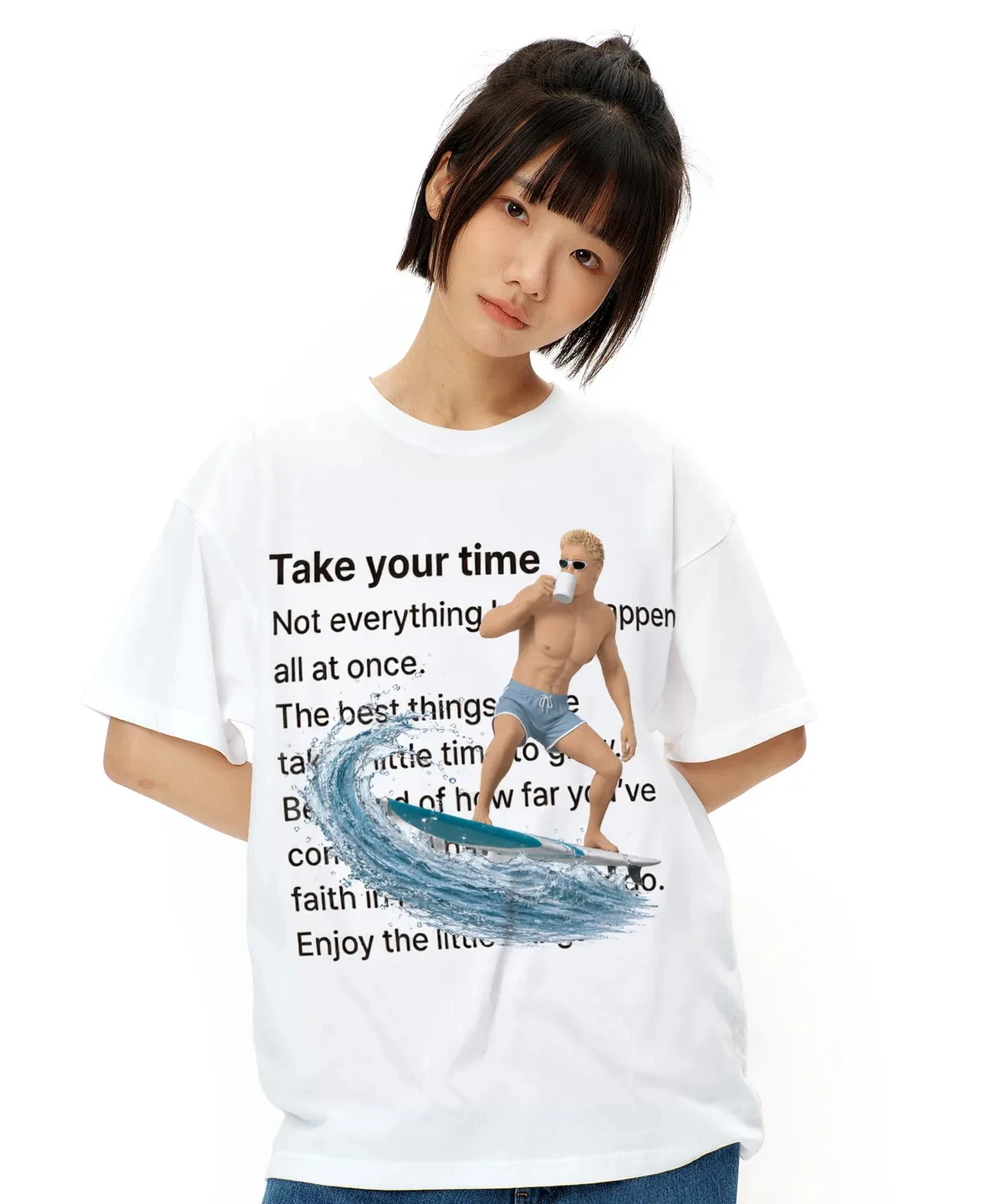 Take Your Time Surfing Funny 3D Surfer Graphic Tee Cotton Mens Womens T-Shirt Summer Streetwear