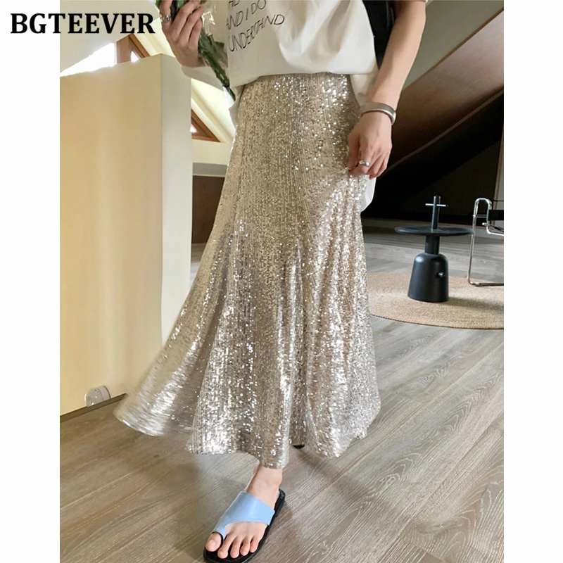 

BGTEEVER Spring Summer Fashion Ladies Slim Package Hip Midi Skirts Stylish High Waist Female Skinny Sequins Mermaid Skirts