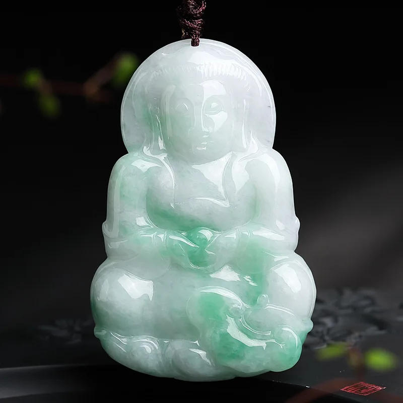 

Myanmar Grade A Jadeite Ice Floating Green Jade Guanyin Bodhisattva Pendant Necklace Men Women Burma Jade Lucky Charms Amulets