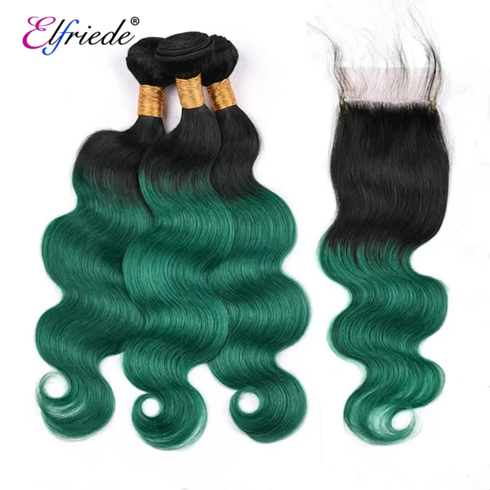 Elfriede-Mèches Body Wave Naturelles avec Closure, Cheveux Humains, Ombré # 1B/Vert, Cousus sur Trames, 3 Lots, avec Closure en Dentelle Transparente, 4x4