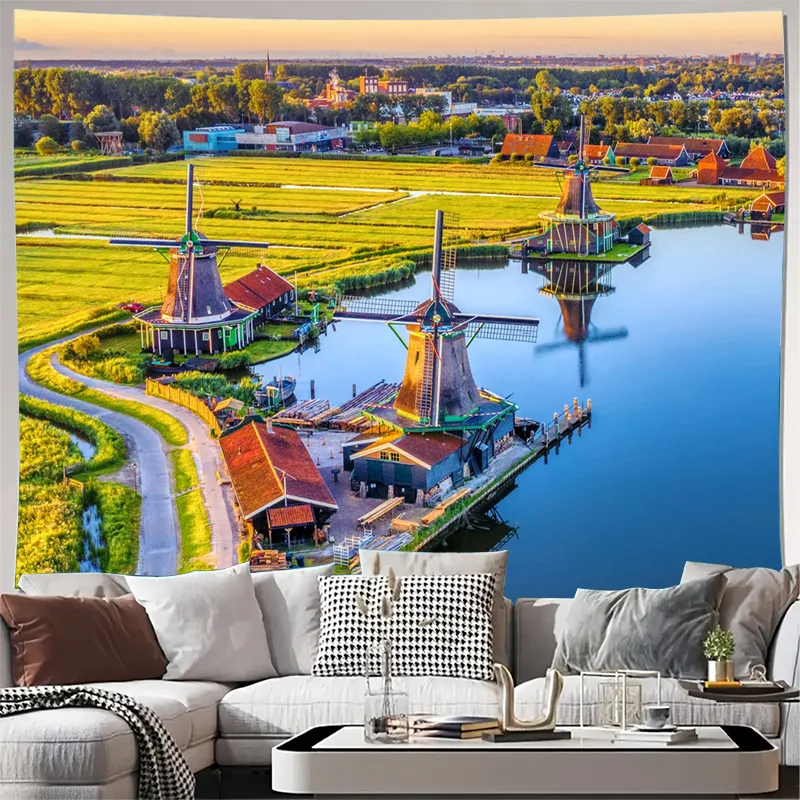 Large Bohemian Dutch Windmills Tapestry Wall Hanging Decor Art Print Netherlands Landscape Mural Canvas Farmhouse Style Home Dec