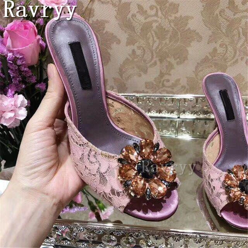 Rhinestone Flowers Lace Slippers Female Summer New Fashion Peep Toe Thin High Heel Sandals Outside Lady Crystal Half Slipper