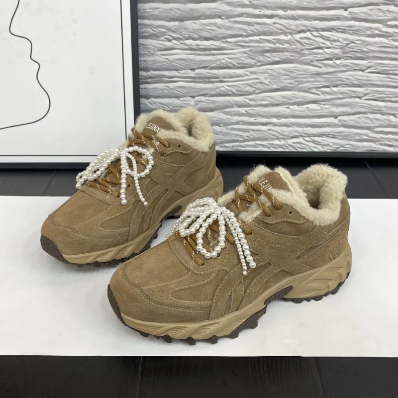 

Leather Lamb Wool Pearl Platform Dad Shoes Women's Winter New Lightweight Velvet Warm Sports Casual Sneakers Ins Fashion