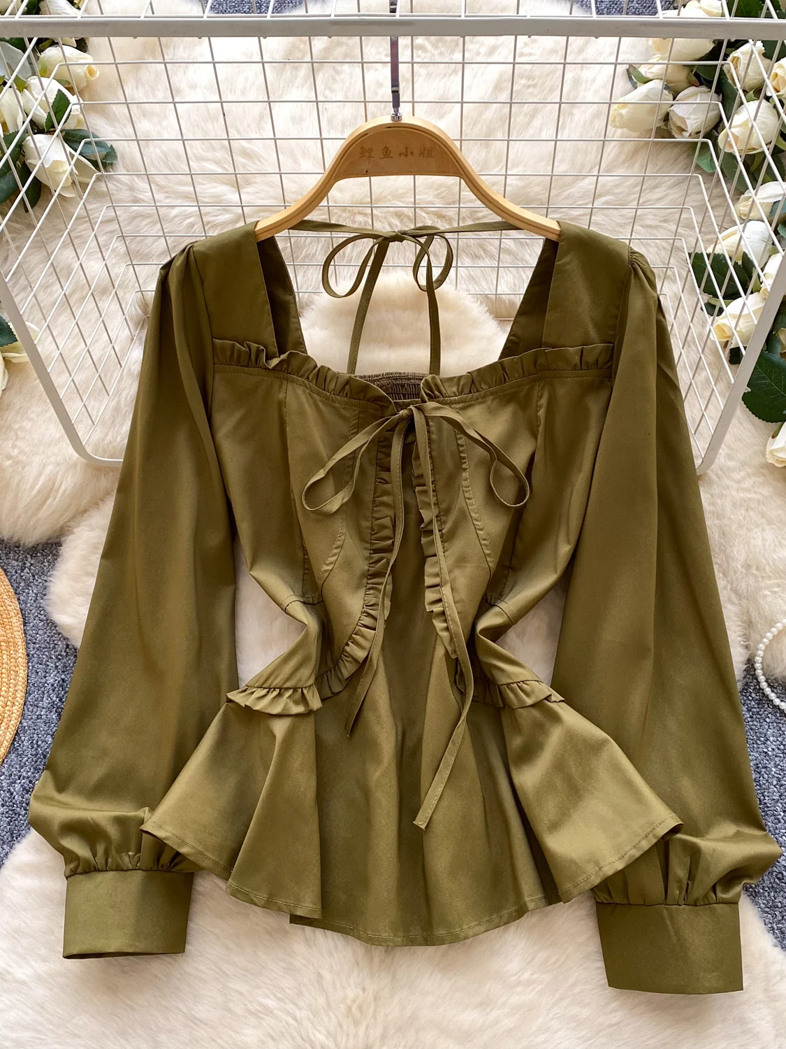 

Korean Sle Commuter Square Collar Belted Bal Long Sve Slimming irt Women's Faionable Top Breathable Polyester