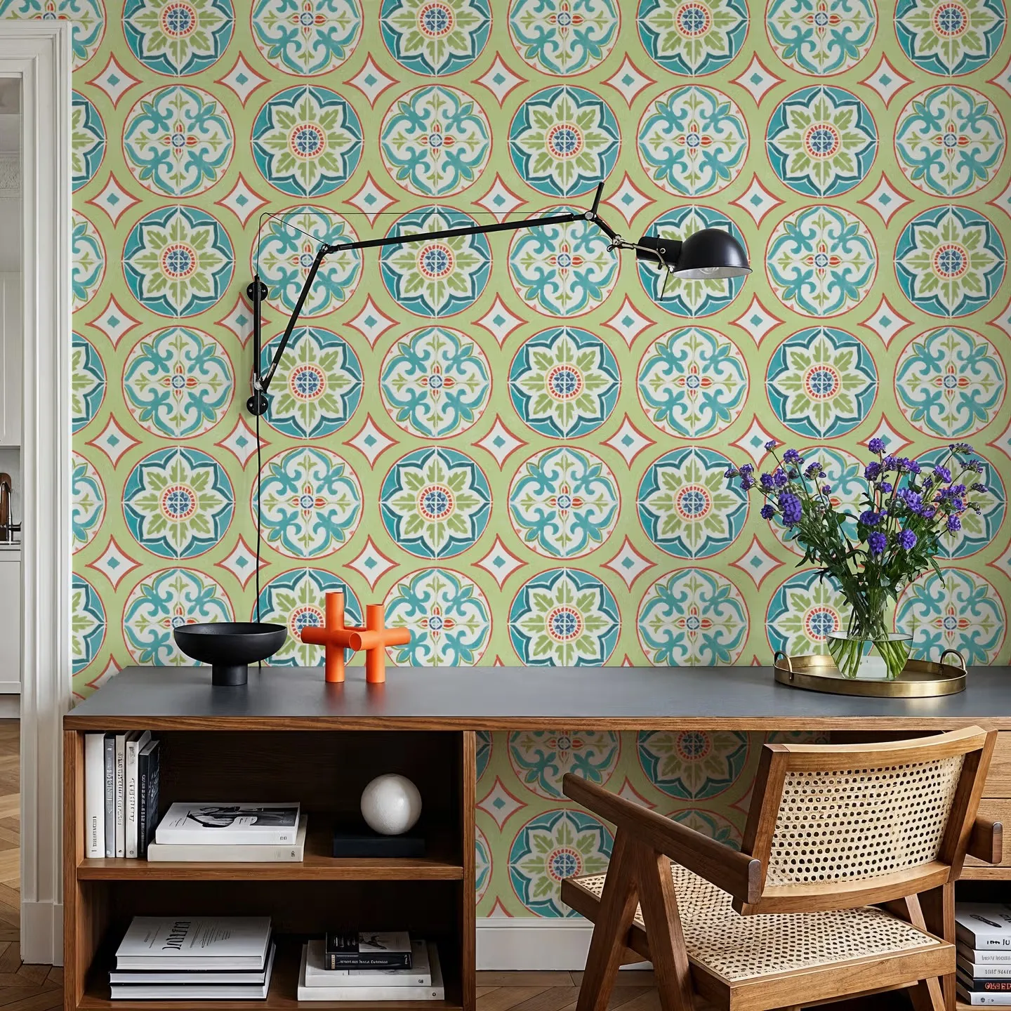 Customized wallpaper hand-painted circular floral diamond shaped pattern wall in lime green, blue, red, and white 3d wallpaper