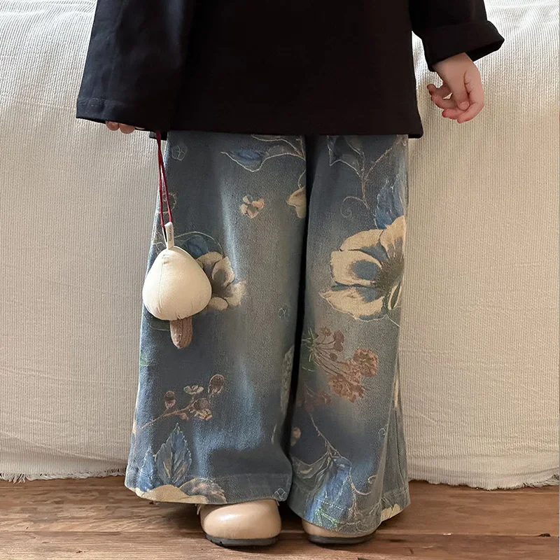 

2-7Y Spring Autumn Children Girl New Jeans Loose Spliced Elastic Waist Baby Girl Wide Leg Pant Kid Girl Denim Straight Pant