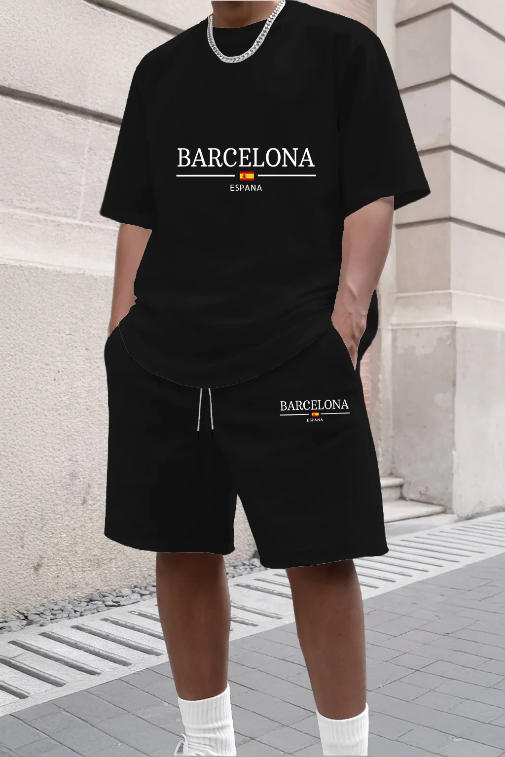 

Summer men's casual sports loose+MILANO printed comfortable shopping round neck short sleeved T-shirt top shorts set