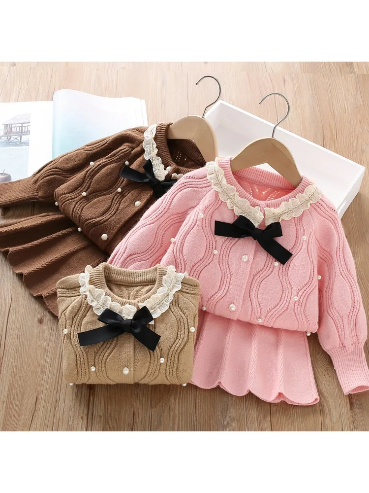 Children's Sets Girls' Winter Knit Set Beaded Bow Cardigan & Matching Skirt Stylish 2-Piece Outfit