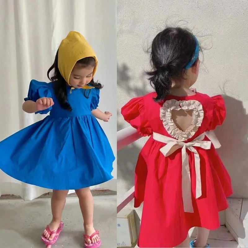 Girl's Dress Japanese Open Back Love Short Sleeved Dress Princess Dress Summer New Children's Clothing Fashion Trend