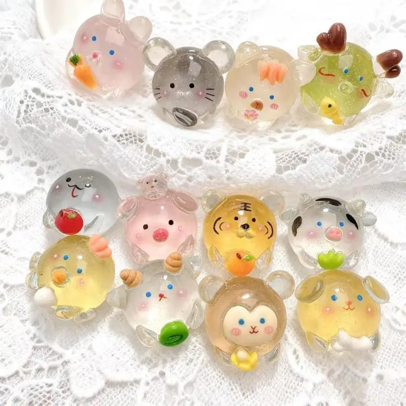 12PCS Luminous Chinese Zodiac Chubby 3D Resin Accessories, Cartoon 3D Transparent Animal Ornaments, Animal Models, Ornaments