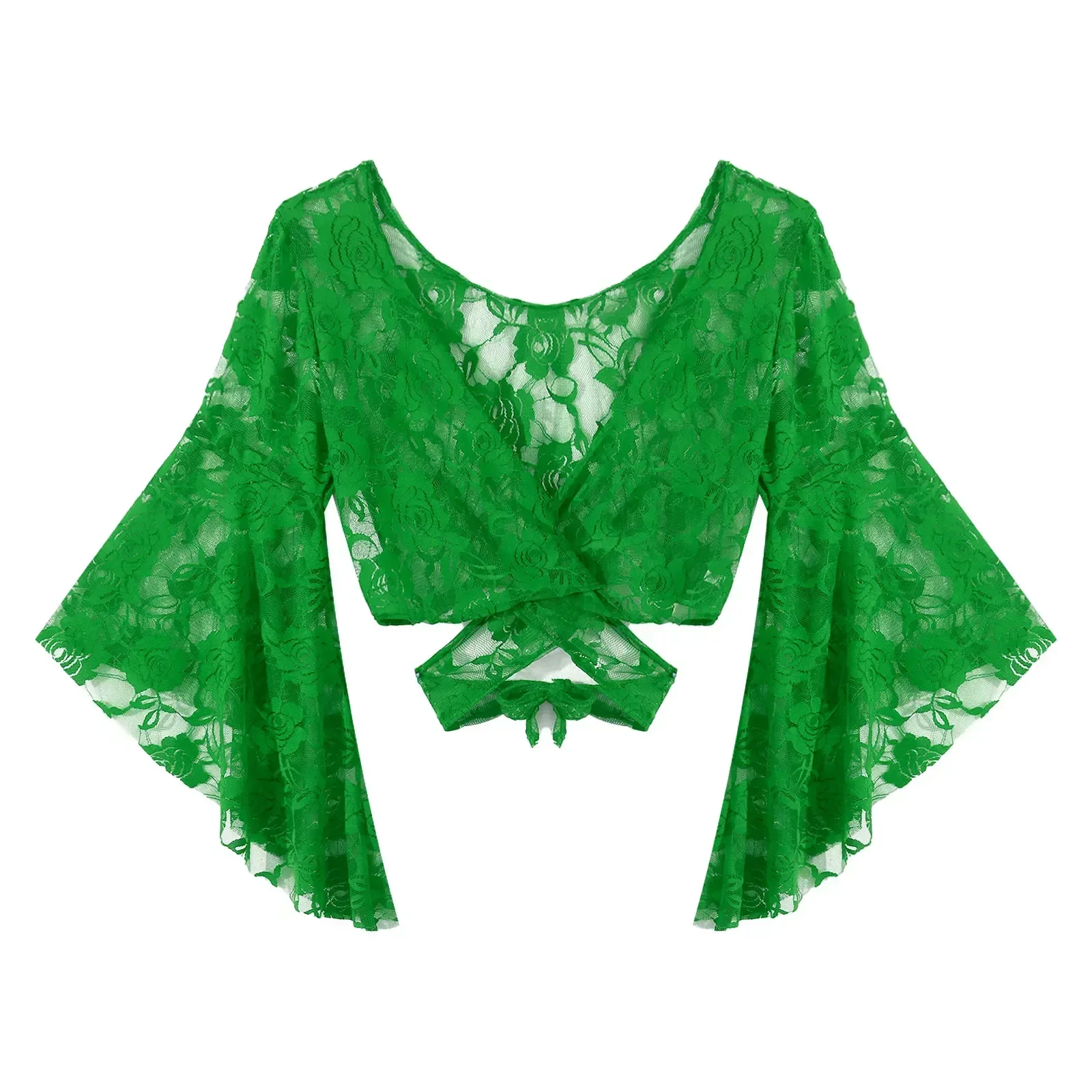 Damskie Przezroczyste Koronkowe Narzutki Strój do Tańca Brzucha Damski Top do Tańca Brzucha Rękaw 3/4 Rozszerzany Kardigan Sznurowany Otulający Crop Top