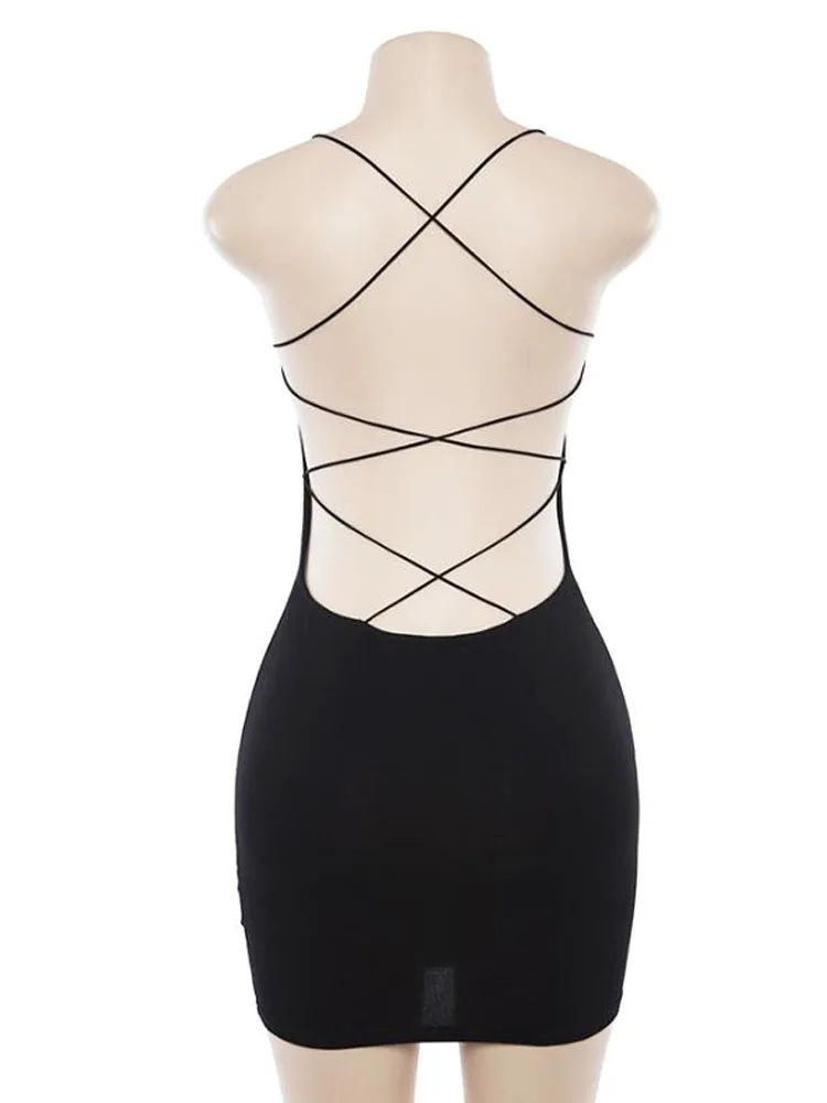 Mini abito dalla fasciatura sexy senza schienale di nuova moda da donna elegante abito da sera nero da sera abito estivo sottile senza maniche con cinturino