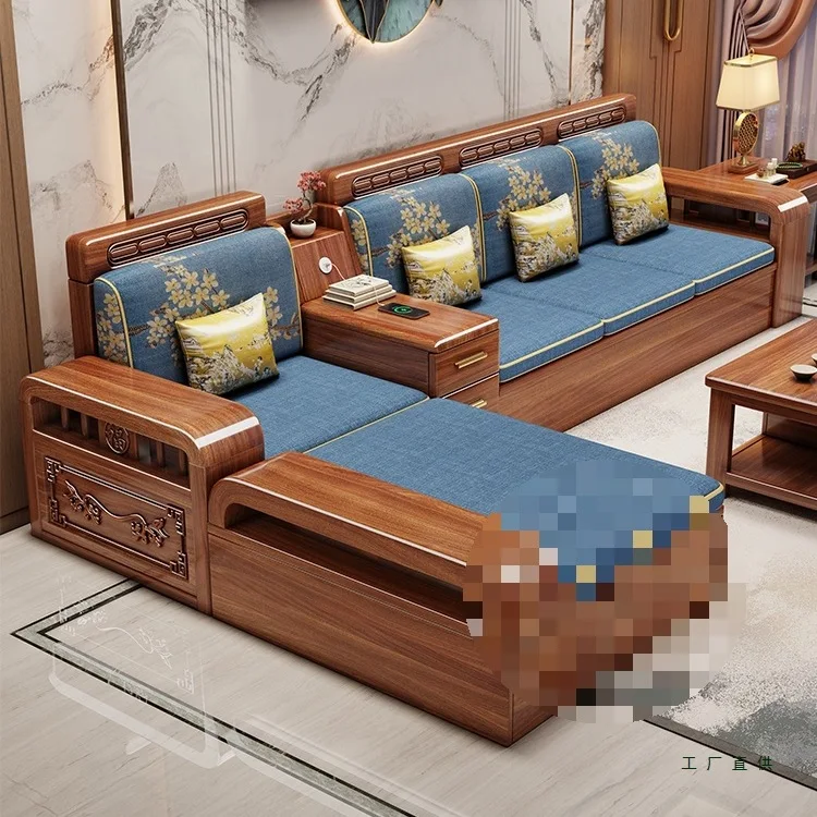 New Chinese walnut solid wood small apartment winter and summer dual-purpose storage princess log carved sofa