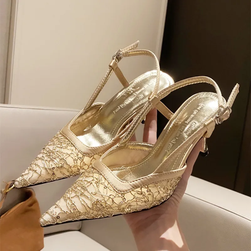 

Sexy Pointed Toe Gingham Design Buckle Strap High Heels Golden Crystals Mesh Heeled Sandals Women Summer Luxury Party Dress Shoe