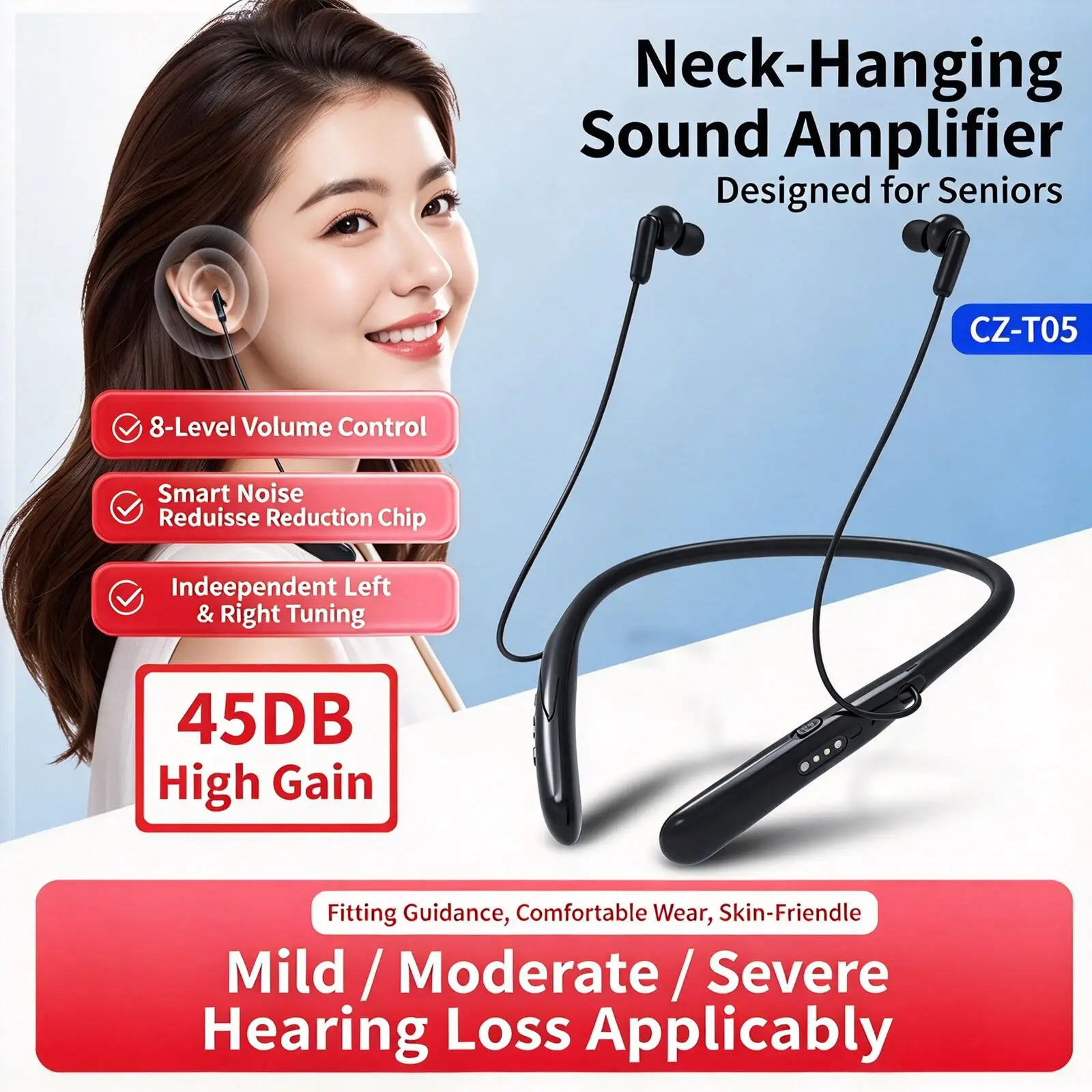 Neck‑band Sound Amplifier CZ‑T05 8‑Level Volume Adjustable Magnetic Charging 30H Playtime Bluetooth 5.3 Sound Amplifier