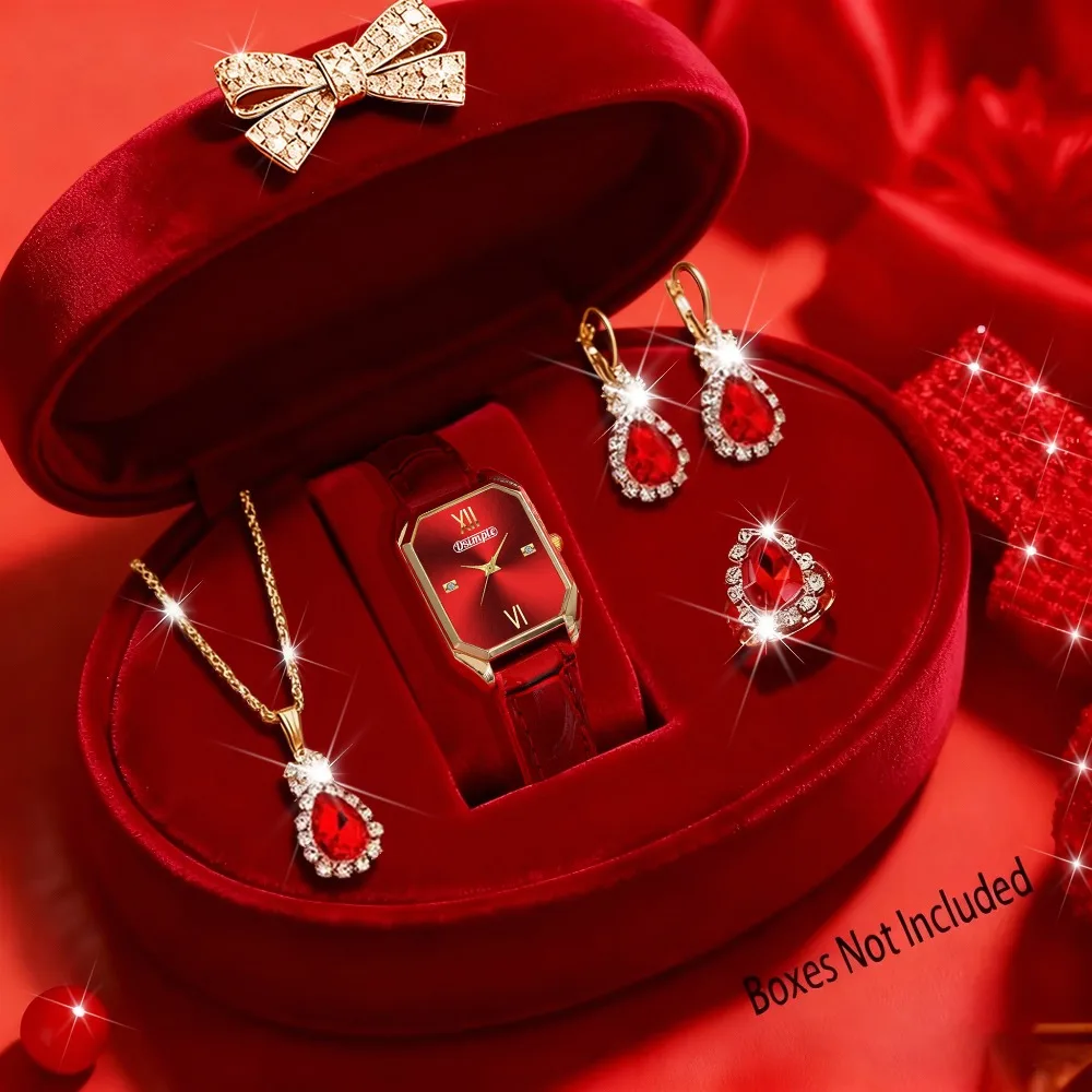 5-Piece Fashion Women's Watch Set, Quartz Watch + Luxury Rhinestone Jewelry Set, PU Leather Strap | Women's Watch