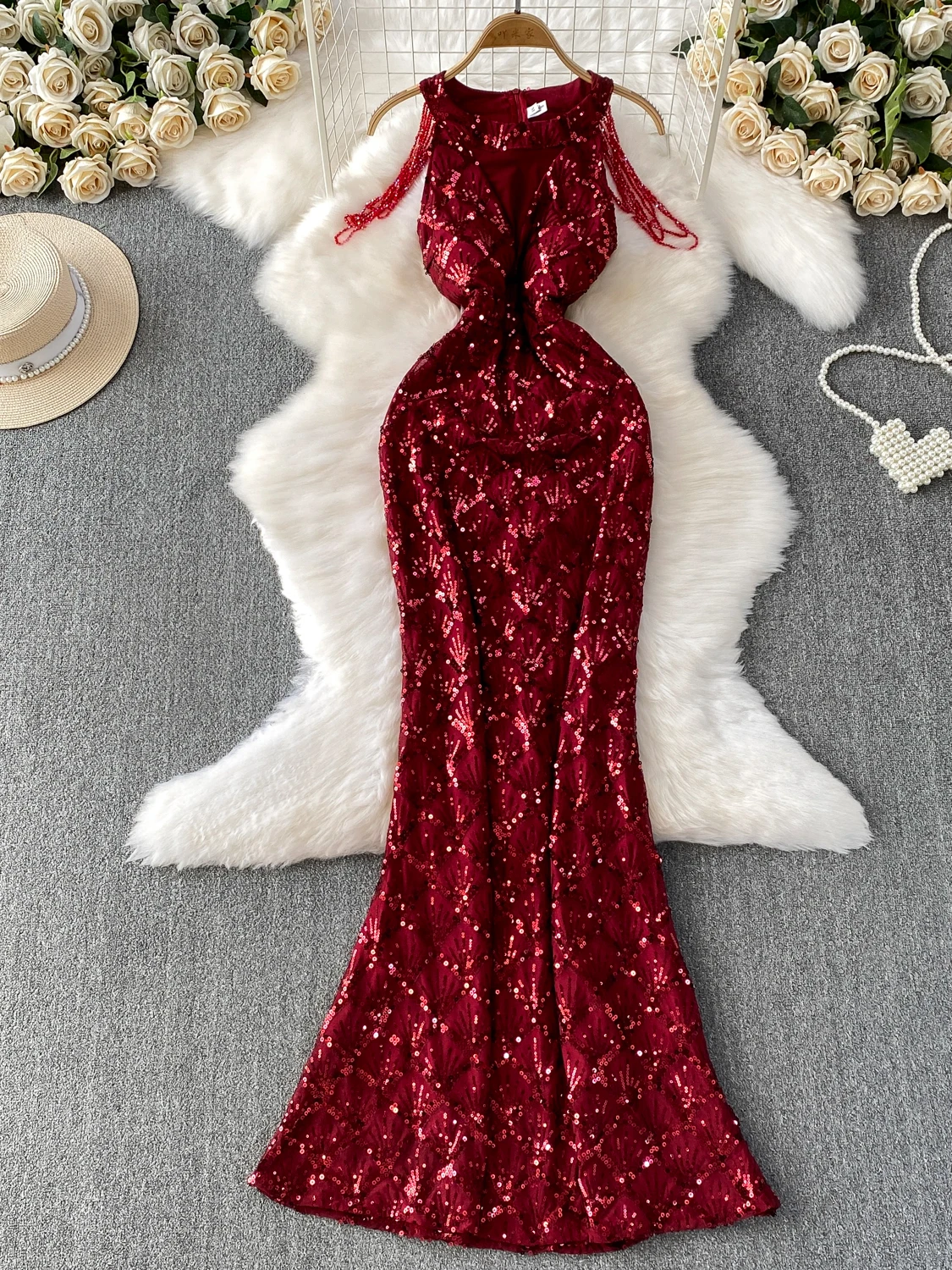 

Ele Sequin Evening Par Dr Women's Summer High Waist A-Line Gown Hanging Neline Slim Fit Fi Tail Long Dr