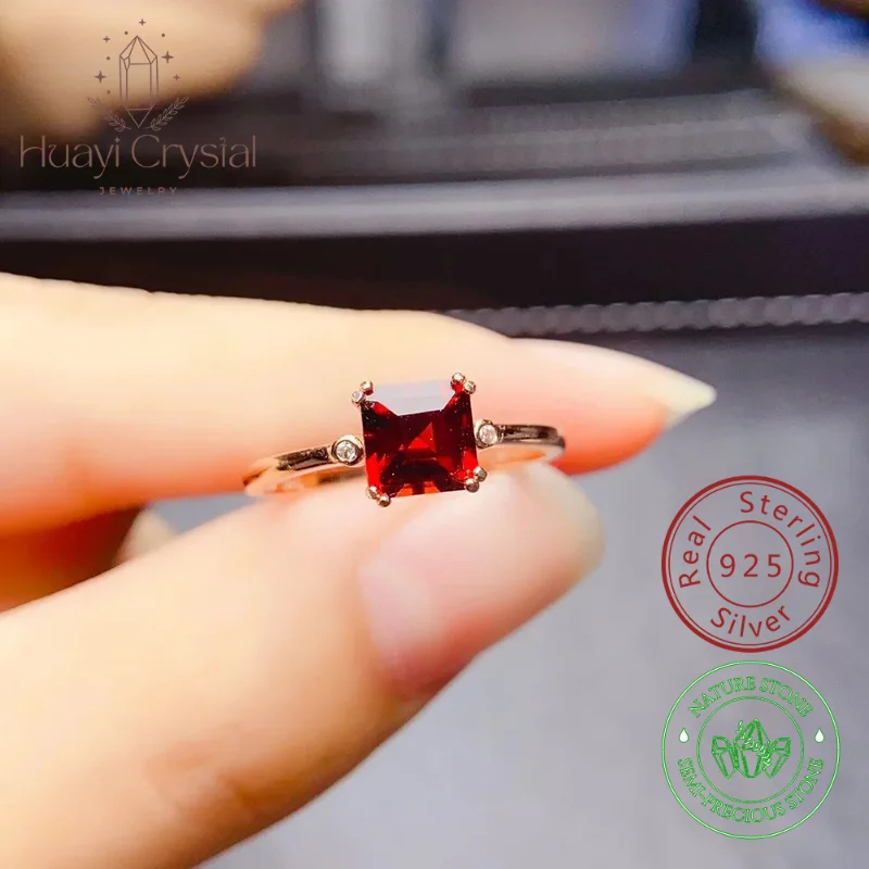 Casual small square natural garnet ring s925 sterling silver inlaid main stone 5*5mm with certificate gift box for women jewelry