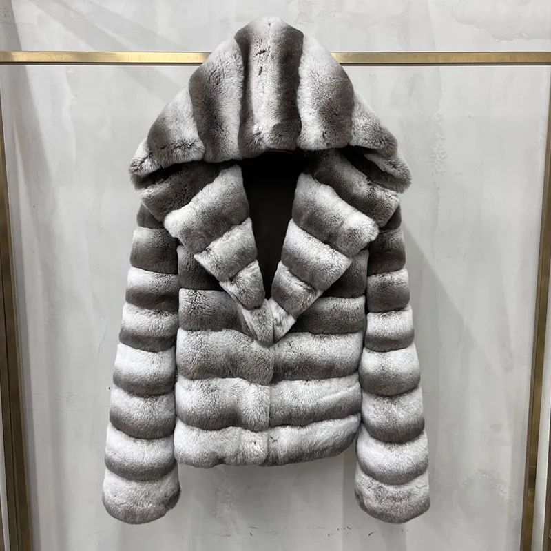 Manteau en fourrure de lapin Rex naturel pour femme, vestes à capuche courtes, fourrure de chinchilla, vraie fourrure, veste de luxe féminine, hiver, meilleur vendeur, nouveau, 2024