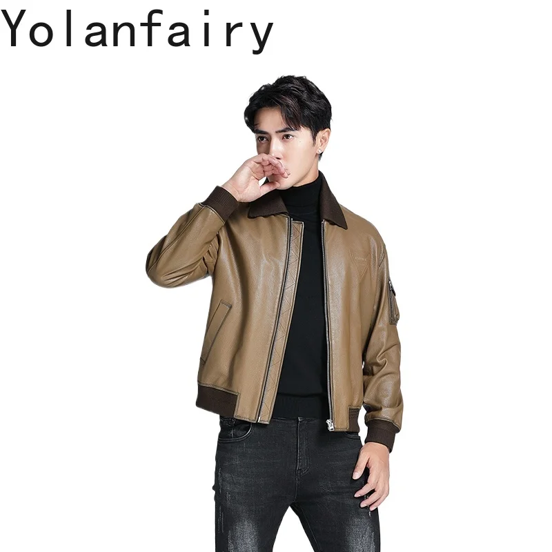 

YOLANFAIRY New Real Goatskin Men Leather Jacket Autumn Winter High Quality Genuine Leather Jackets Man Short Casual Leather Coat