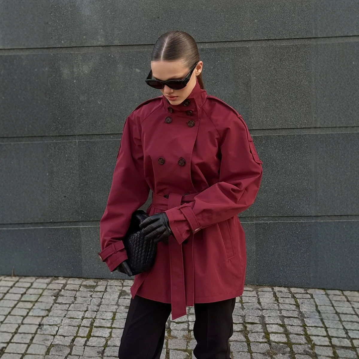 Stand Collar Women's Outerwear Double Breasted Jacket Belted Cropped Trench Coat Solid Color Design Casual Wear Daily Commute