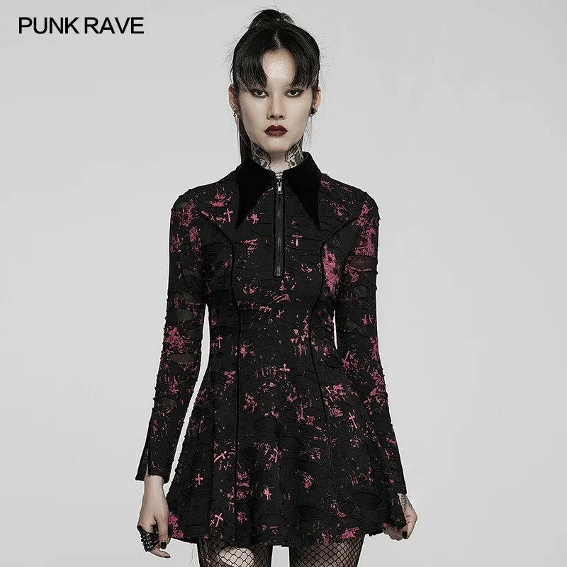 PUNK RAVE Gothic Printed Dress Elastic Ripped Knitted Goth Woman Clothing Point Collar Drawstring Adjust Waist Split Cuff Design