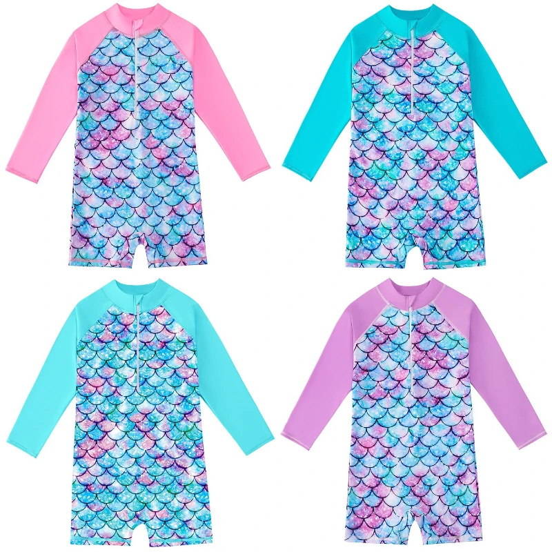 

Girls Mermaid Long Sleeve One-Piece Swimsuit Protection Sunscreen Surf Suit Kids Teen Girls Quick Dry Cute Swimwear for Beach