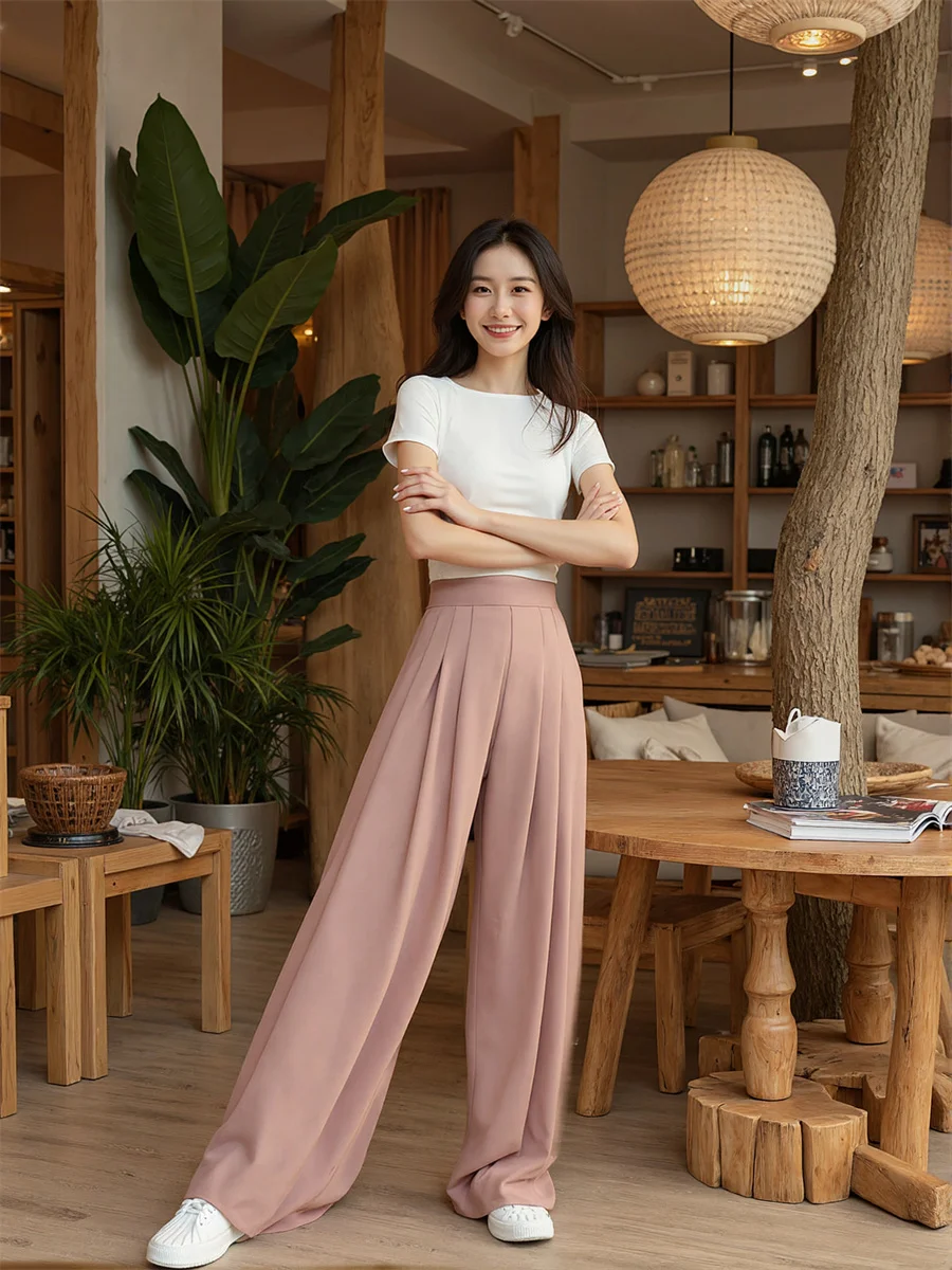 Pants Oversize Woman Apricot Khaki Pink Smooth Fabric Women Sleek Look Elegant Office Lady Work Business Formal High Waist