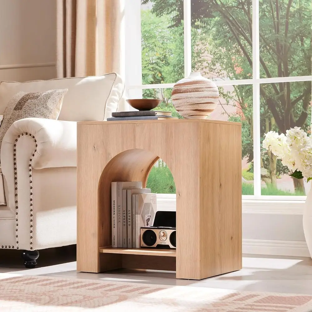 22 Arched Nightstand with USB & Type-C Charging, Natural Wooden Bedroom Side Table