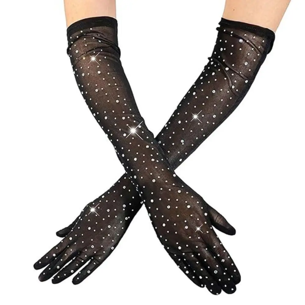 Retro Black White Mesh Gloves Stretchy Ultra Thin Sheer Tulle Gloves Rhinestone Decoration Breathable Bride Gloves For Women