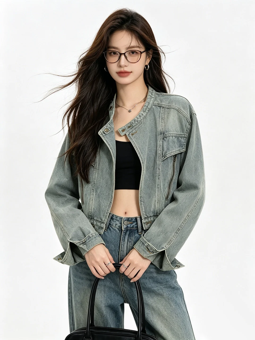

Spring American Style Casual Loose Jeans Jacket Double Zipper Short Coat Top Versatile Commute Wind Pure Color Female Outerwear