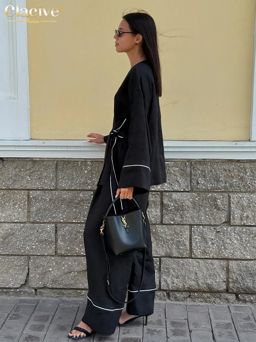 Cclacive Fashion Loose Black Cotton Women's Two Pieces Set 2025 Casual Long Sleeve Shirt With High Waist Wide Pants Set Female