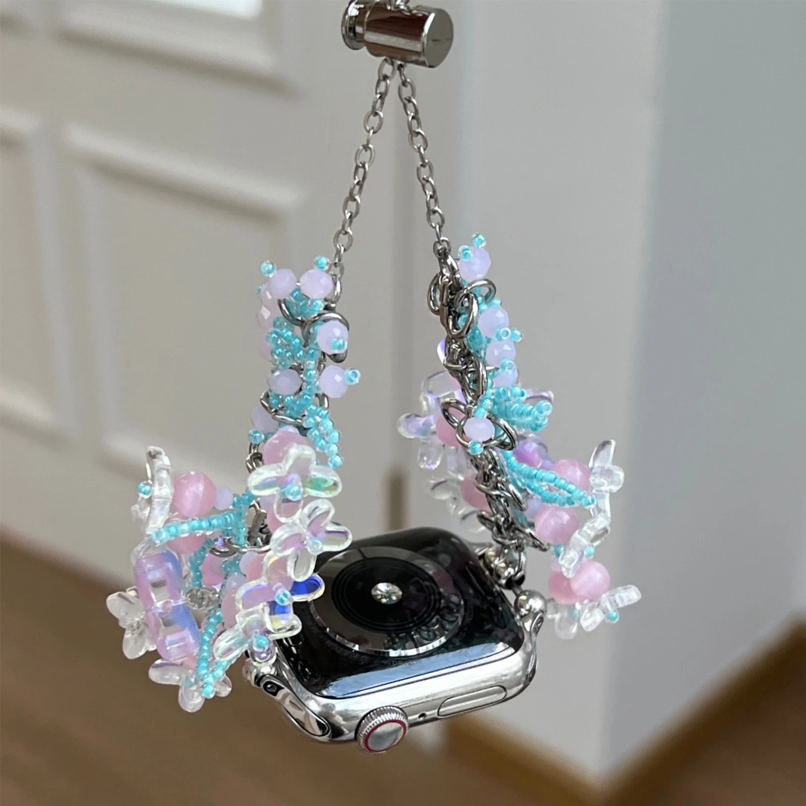 Correa de Metal para Apple Watch Band, pulsera de cuentas de arroz dulce para niñas, Iwatch98765SE Ultra40 41 44 45mm, muñeca ajustable de resina para mujer