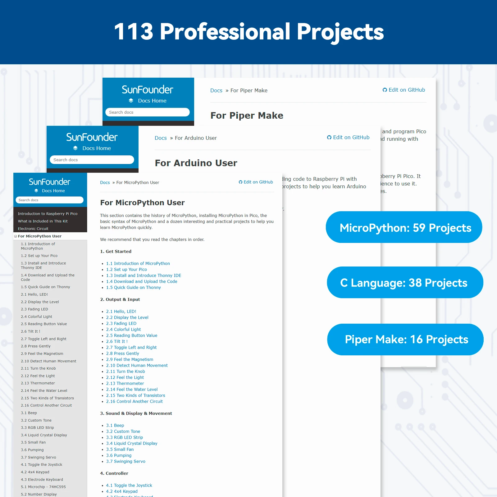 SunFounder Ultimate Starter Kit for Raspberry Pi Pico, Online Tutorial, 320+ Items, 113 Projects, MicroPython, Piper Make, C/C++