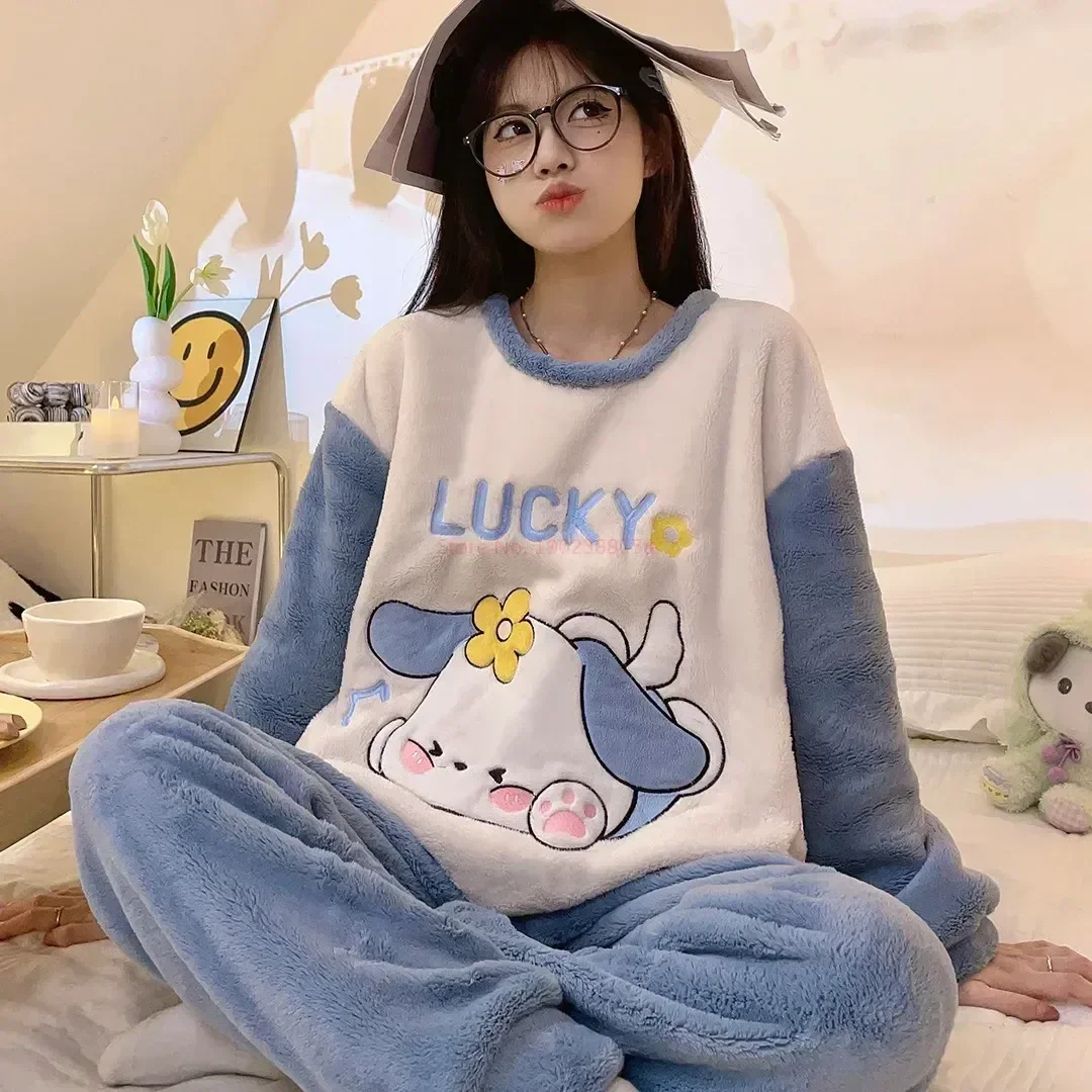 New Sanrio Cinnamoroll Cartoon Pajama Set New Winter Flannel Loung Sleepwear Girl Pijama Mujer Suits Couple Home Wear Soft Y2k