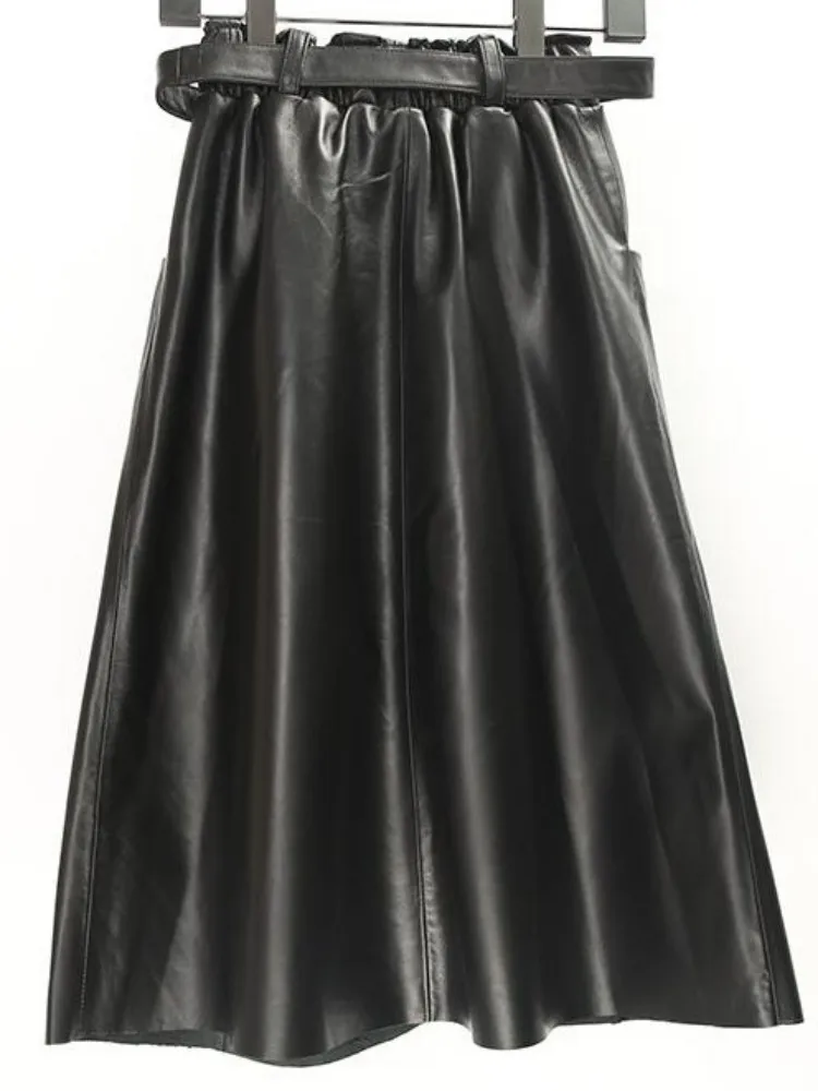 Office Ladies High Waist Top Quality Genuine Leather Skirt Pocket Sashes Sheepskin Solid Color Knee Length A-Line Skirts