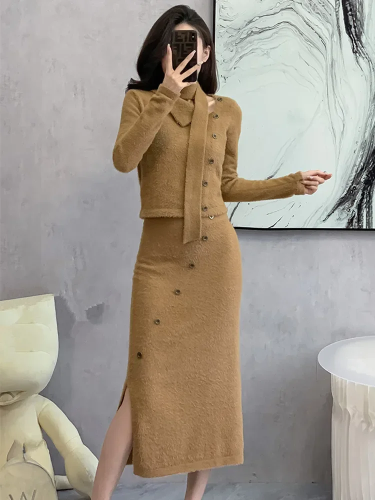 New Elegant 2 Piece Sets Women Outfit Knitted Office Lady Fashion Skew Collar Pullover Sweater Tops + Long Skirt Women\'s Suit