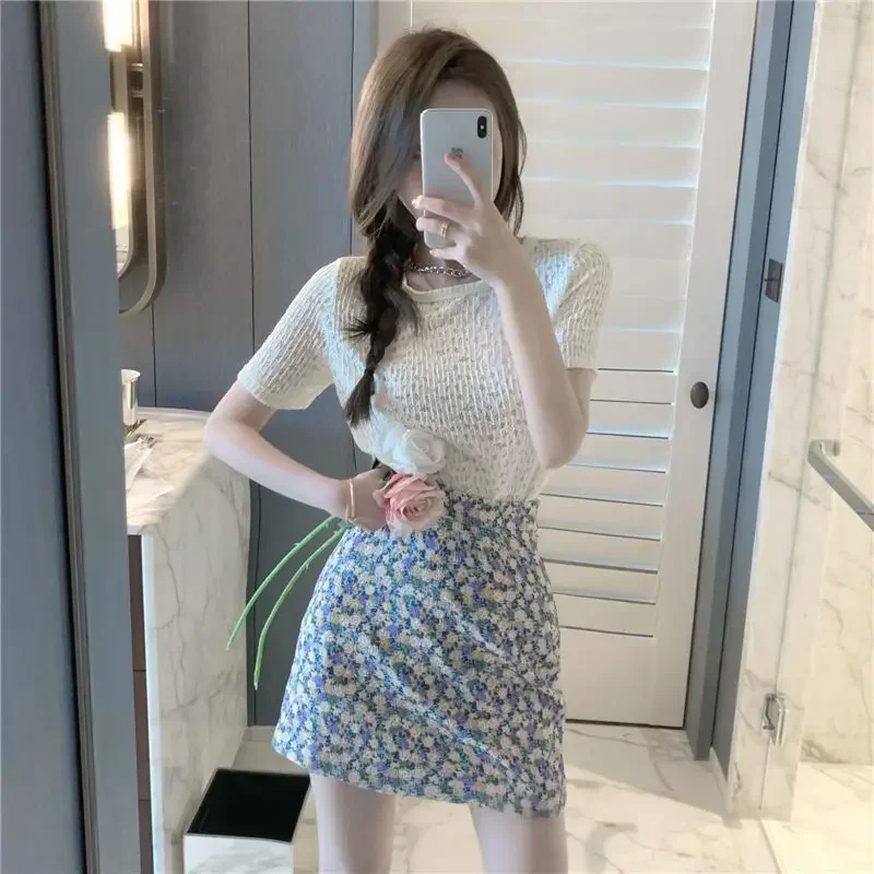 Skirt Short Sleeve Lightly Cooked Female Outfits Printing Women\'s Two Piece Set Kawaii Korea Vintage Formal Event Co Ord Jacket