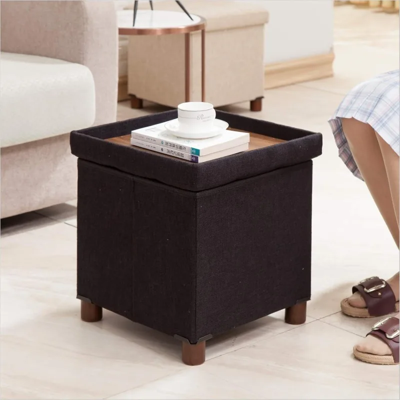 

15 Inches Storage Ottoman with Wooden Legs Cube Foot Rest Stool, Square Footstool Storage, Foldable Fabric Ottoman