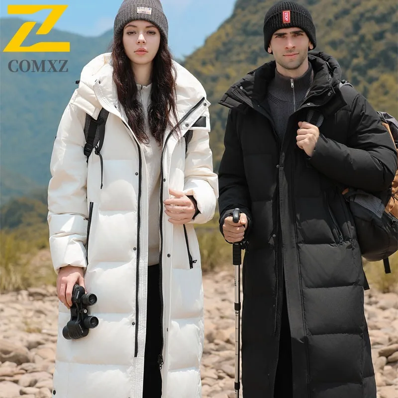 

COMXZ Winter Down Jacket Length Knee-Over Goose Down Jacket Men Lightweight Hooded Puffer Coat Women Designer Style Long Coats