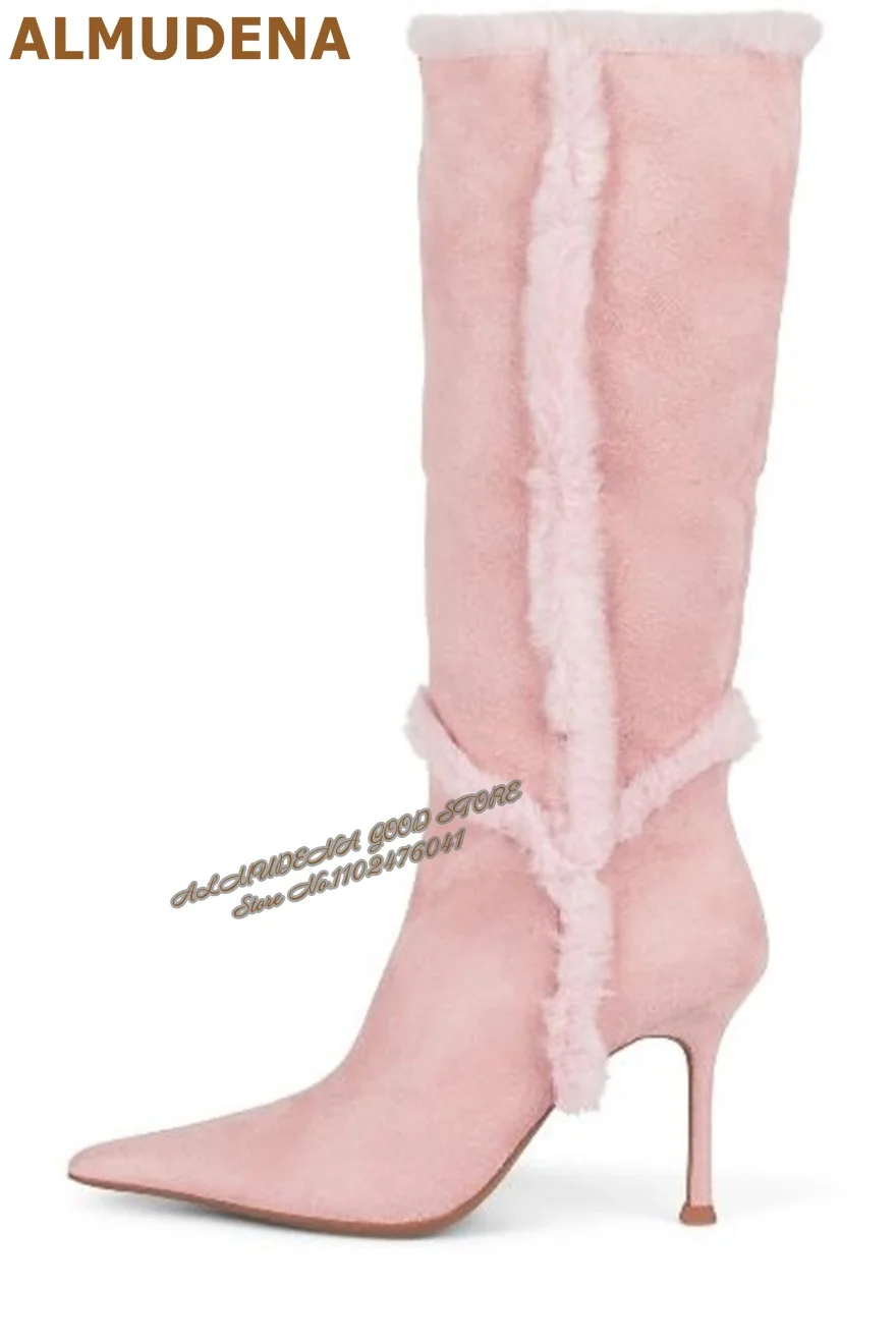 Botas Altas de Pelo Sintético Suave Rosa Beige ALMUDENA con Tacón de Aguja, Punta Fina, Correa de Peluche, Botas Cálidas y Elegantes para Vestir