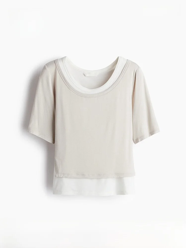 

Летняя женская модная повседневная многослойная футболка H&M 1306321 с коротким рукавом, стандартной длины, из смесового волокна, женская модная одежда